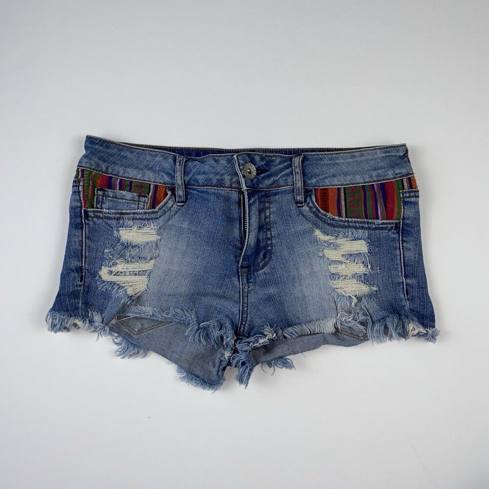 Bullhead Black Distressed Denim Cutoff Shorts Juniors Size 3 Blue Mid Rise